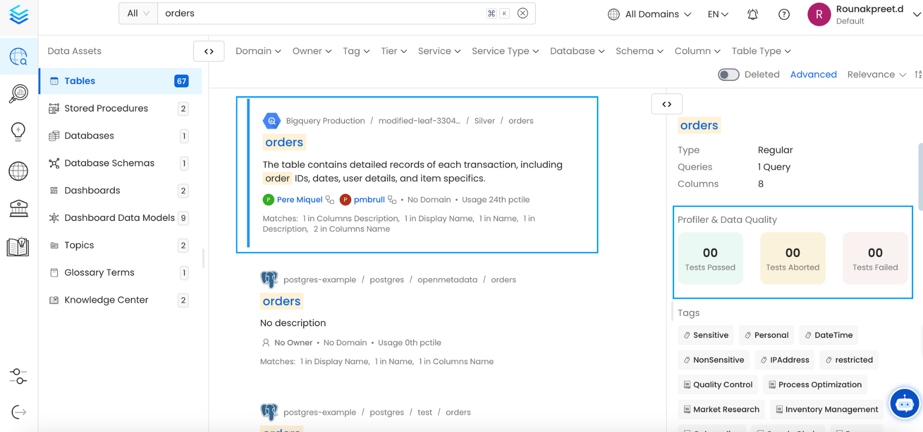 Quick Glance of the Data Quality and Profiler Metrics