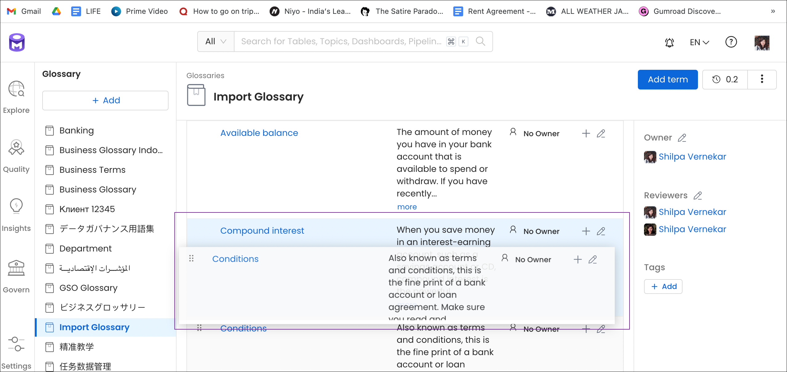 Drag and Drop Glossary Terms to Rearrange the Hierarchy