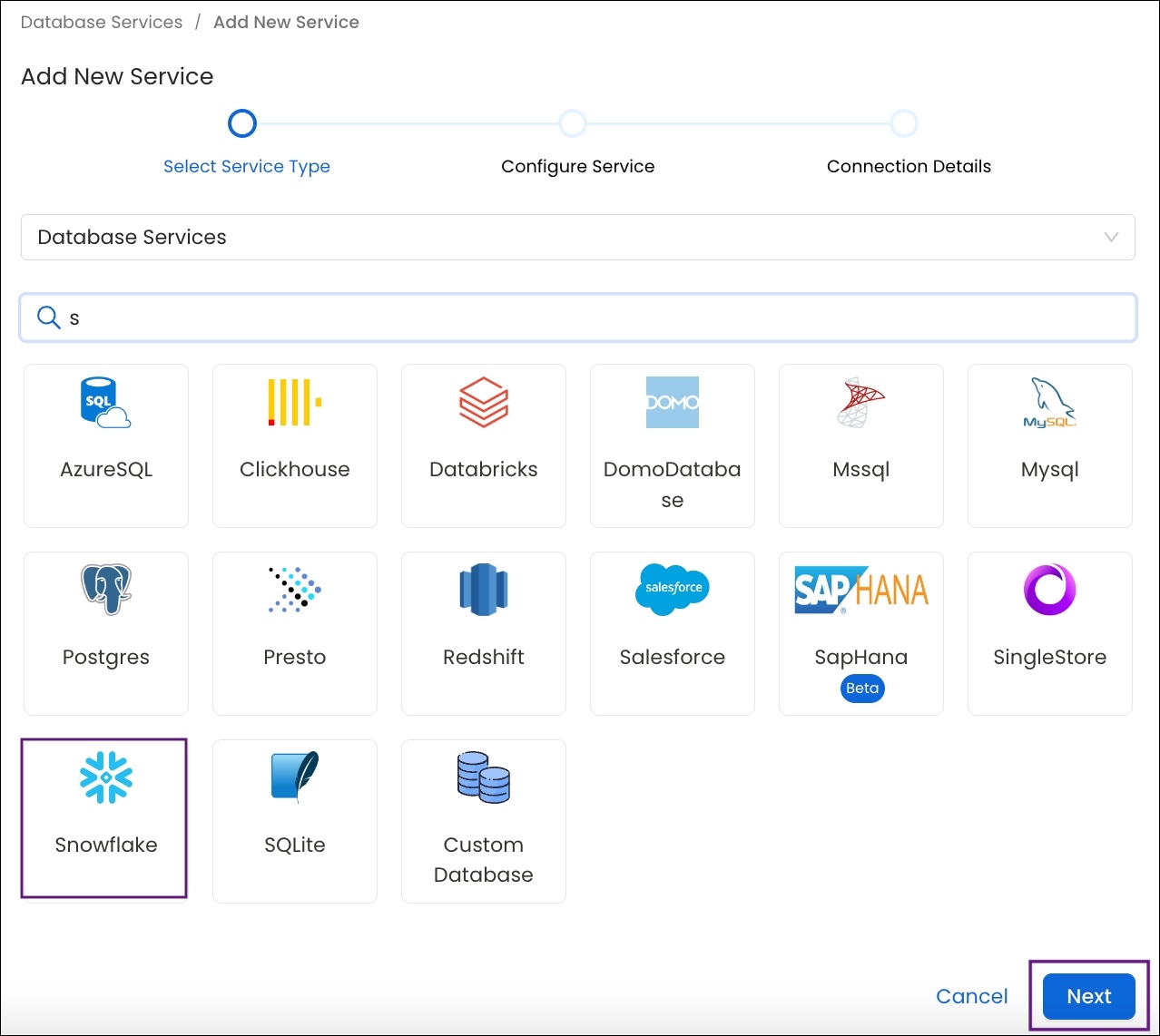 Select the Database Connector