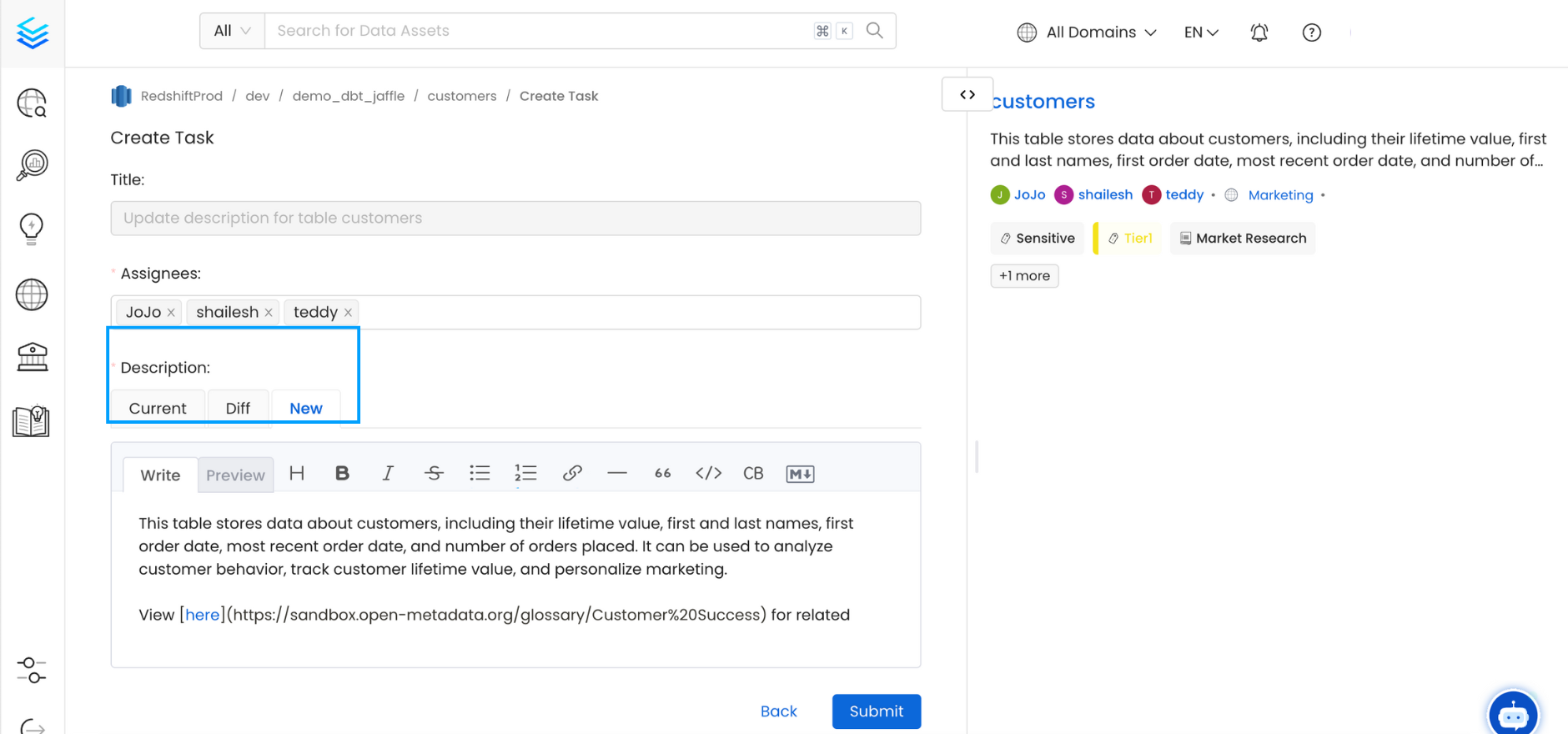 Create a Task for Data Asset Description